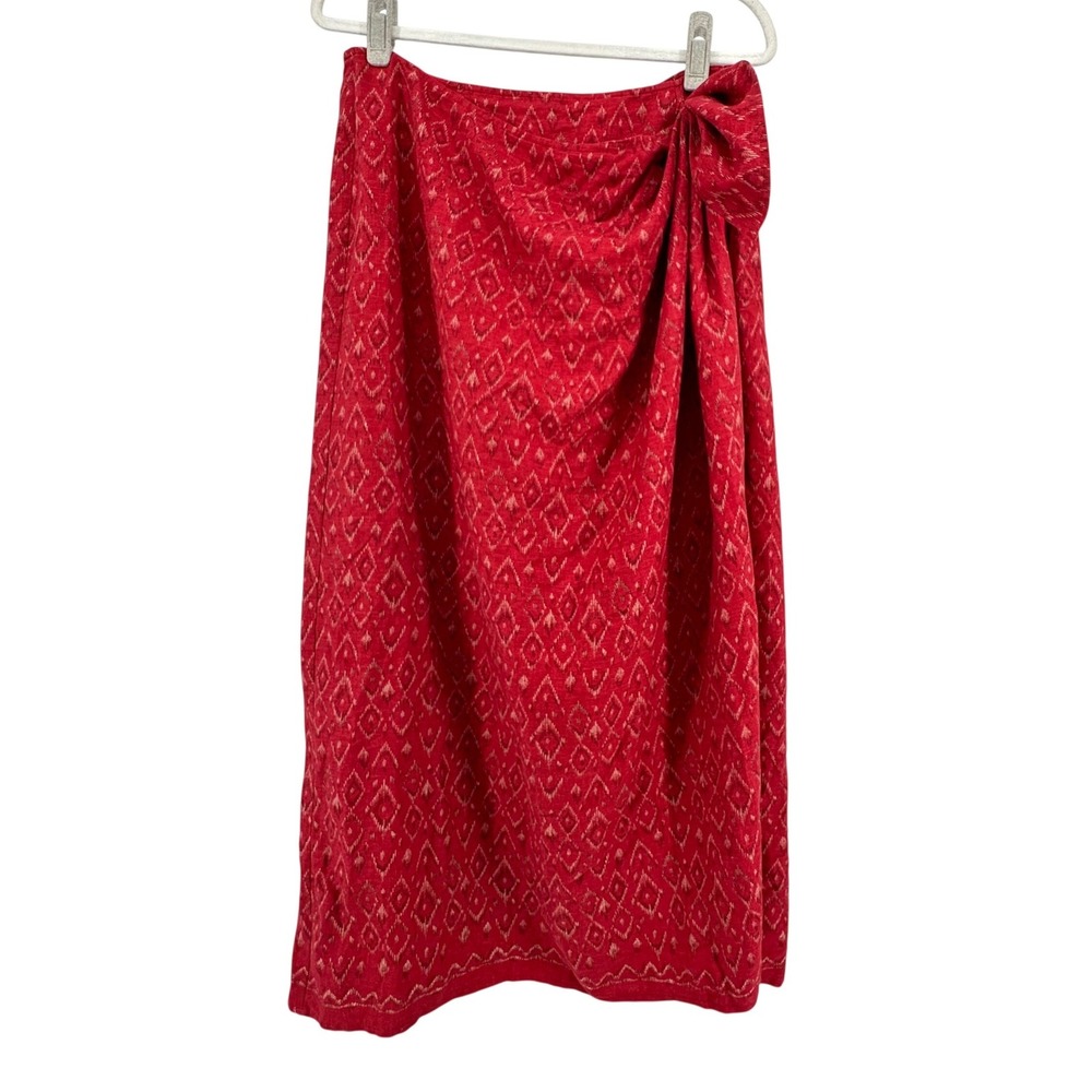Coldwater Creek Wrap Skirt Women L Red Ikat Linen Blend Side Knot‎ Boho Coastal